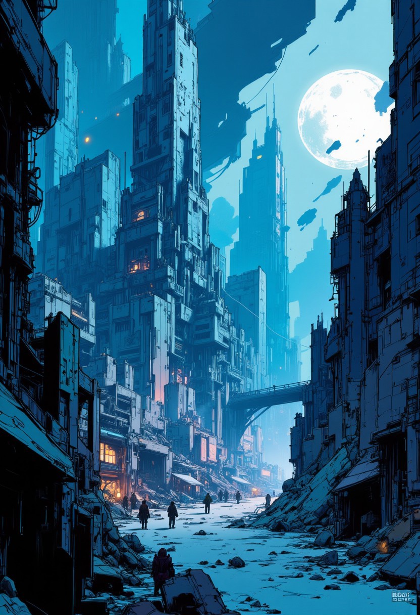 nvinkpunk, This is a digital artwork in the style of ckgr, a sci-fi futuristic cityscape of tall skyscrapers and asymmetrical towers built of marble and obsidian, moonlit night, blue and white theme