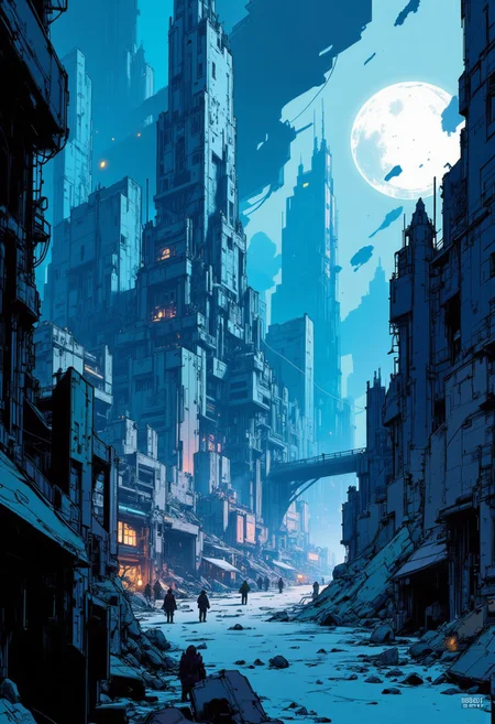 nvinkpunk, This is a digital artwork in the style of ckgr, a sci-fi futuristic cityscape of tall skyscrapers and asymmetrical towers built of marble and obsidian, moonlit night, blue and white theme
