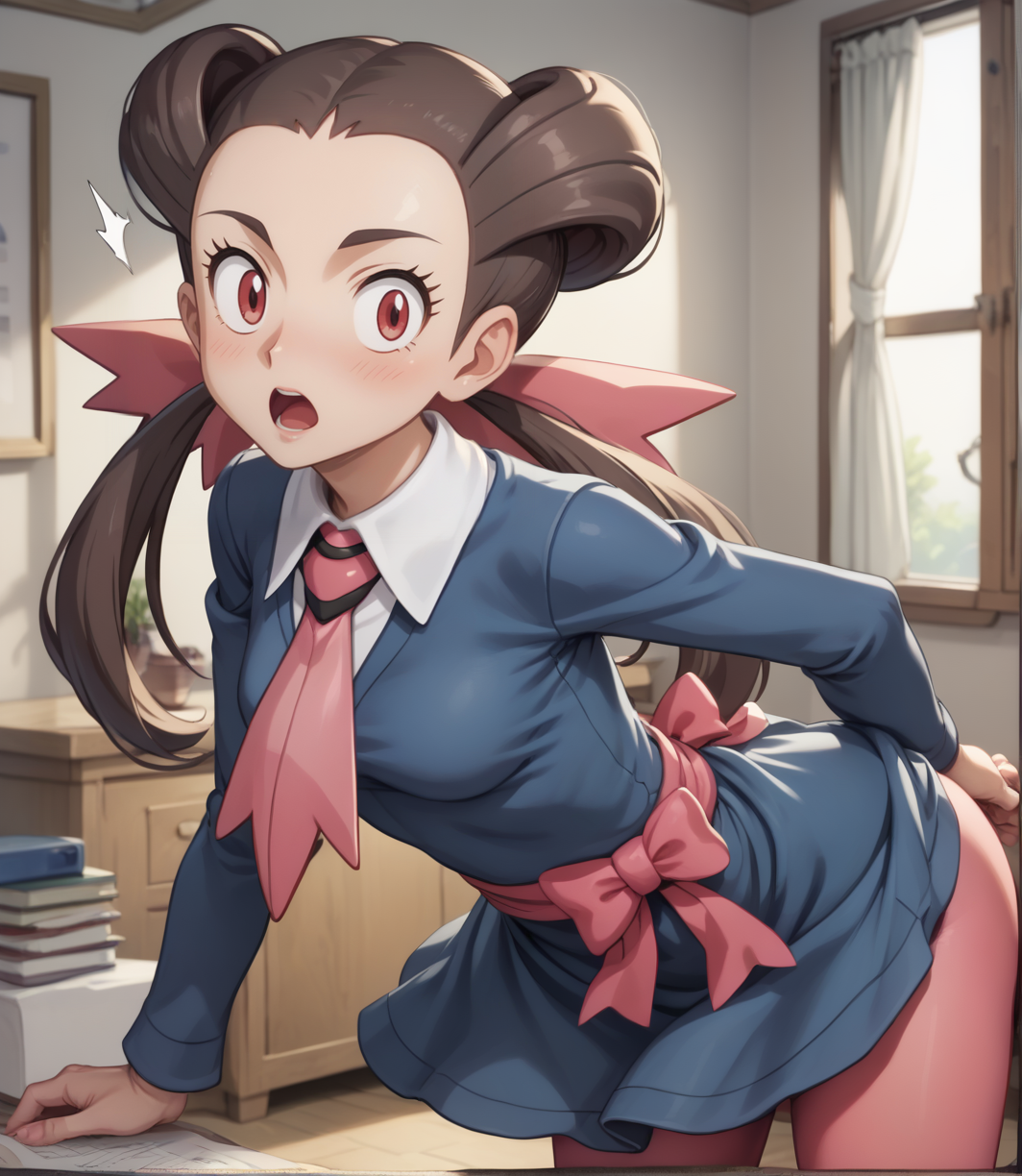 score_9,score_8_up,score_7_up,score_6_up,source anime BREAK, anime screencap, 1girl, solo,
looking at viewer, indoors, standing, cowboy shot, bent over, ass, surprised,
1girl, roxanne (pokemon), long hair, hair pulled back, twintails, brown hair, eyelashes, red eyes, medium breasts,
(pokemon rse:1.1), blue dress, pink ribbon, bow, pink ascot, ribbon, pink ascot, long sleeves, necktie, pink pantyhose,
 <lora:roxanne_v1_0:1>  <lora:Realistic_2.5DAnime_Merge1:0.6>