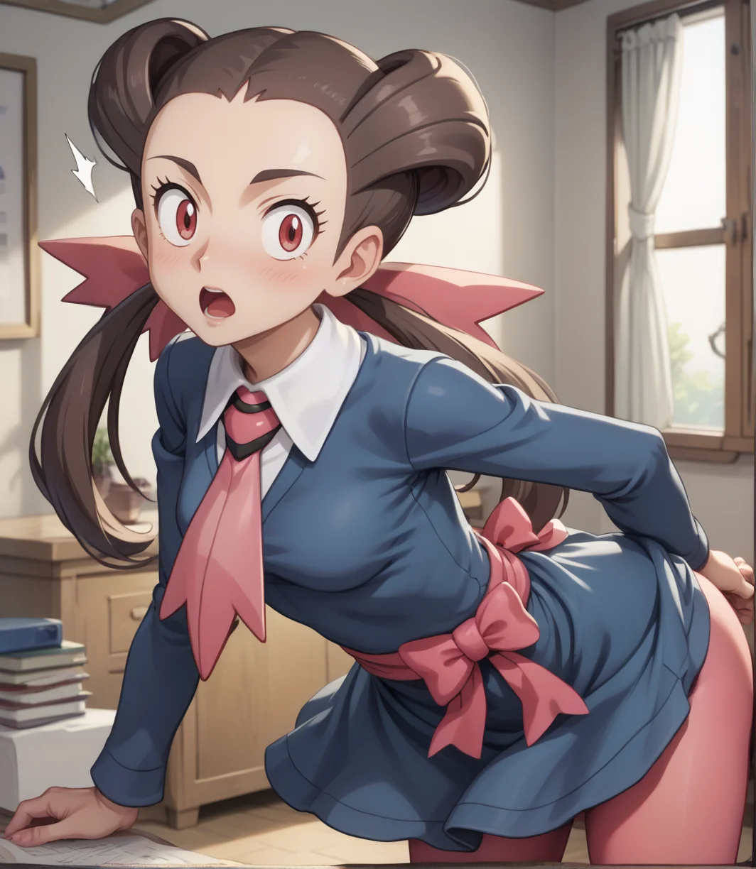 score_9,score_8_up,score_7_up,score_6_up,source anime BREAK, anime screencap, 1girl, solo,
looking at viewer, indoors, standing, cowboy shot, bent over, ass, surprised,
1girl, roxanne (pokemon), long hair, hair pulled back, twintails, brown hair, eyelashes, red eyes, medium breasts,
(pokemon rse:1.1), blue dress, pink ribbon, bow, pink ascot, ribbon, pink ascot, long sleeves, necktie, pink pantyhose,
<lora:roxanne_v1_0:1> <lora:Realistic_2.5DAnime_Merge1:0.6>