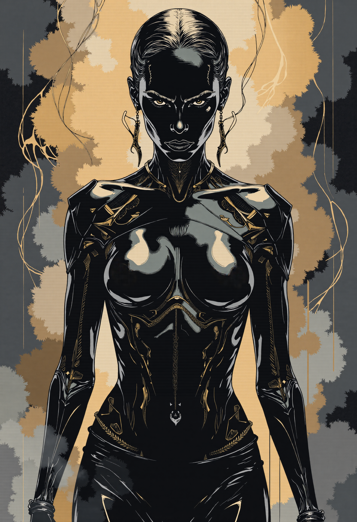 Ethereal Gothic Elegance, Ghost in the shell, in a world where technology meets dystopia, a black female android form stands motionless as an evidence to innovation, blending strength and elegance in a cyberpunk realm. The head slightly raised, emphasizing the calm and relaxed posture, enveloped in the midst of a monocromatic misty void.
full-length body shot, long shot, realistic feminine, golden details, carbon fibre, matte darkcoal, dark and cool tones, Octane rendering, raytracing, lumen, high-contrast effects, highly detailed.