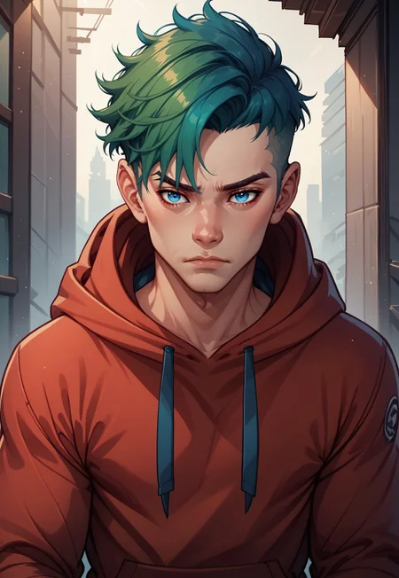 synxomix, 1boy, male focus, solo, hood, hoodie, hood down, upper body, looking at viewer, red hoodie, blue hair, closed mouth, bangs, short hair, green hair, blue eyes, undercut, illustration, comic art style,, BREAK PonyXLV6_Scores
