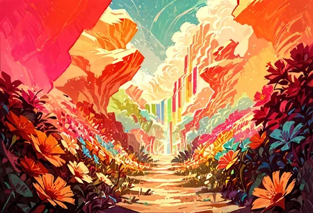 colorful landscape vista of an endless desert covered with colorful flowers, score_9, score_8_up, score_7_up, score_6_up, score_5_up, score_4_up,