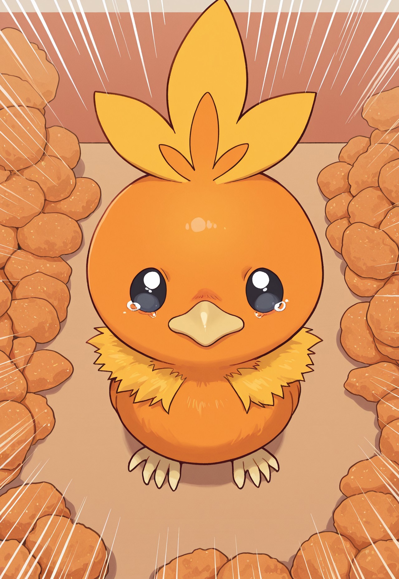 masterpiece, best quality, amazing quality, very aesthetic, absurdres, PKMN_Torchic, 1other, solo, no humans, black eyes, orange feathers, yellow feather collar, yellow feather hair, scared, tearing up, standing,
chicken nuggets, kfc, on table, perspective, too many chicken nuggets, emphasis lines