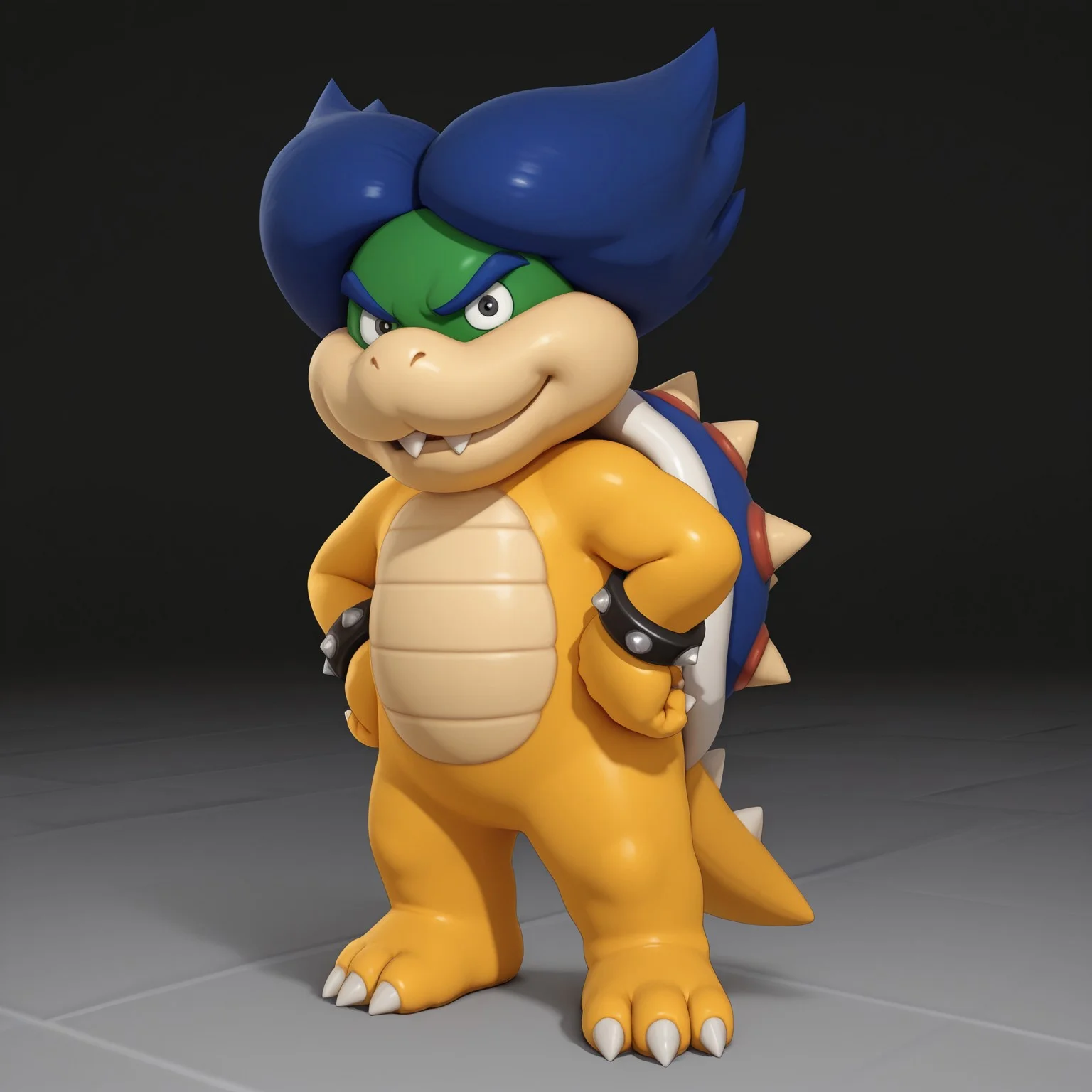 Ludwig, 2d, 1boy, solo, Blue hair, blue eyebrows, male, single middle fang, shelled, blue spiked shell, tail, spiked bracelets, scalie, yellow skin, green head, claws, toe claws, 3 toes,
BREAK standing, looking at viewer, grinning, hands on hip