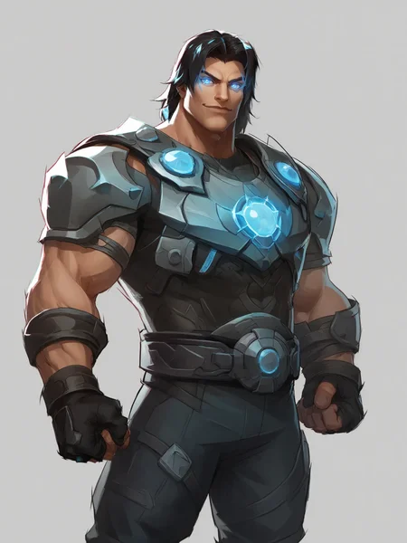 1girl, standing, looking at viewer, uncensored, score 9 up, score 8 up,
<lora:Marvel_Rivals_Concept_Art_Style PonyXL:1>,male focus, holding weapon, muscular male, glowing eyes, fingerless gloves, closed mouth, smile, black gloves, belt, 1boy, blue eyes, shoulder armor, clenched hand, manly,