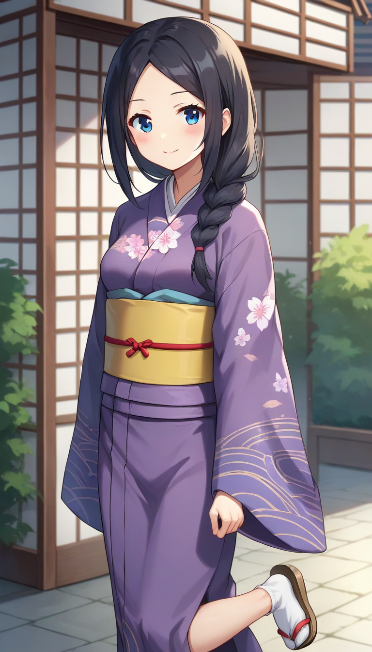 score_9,score_8_up,masterpiece,best quality,correct anatomy,anime_source,1girl,solo,alone,perfect eyes,perfect arms,perfect legs,perfect face,outdoors,upper body,(portrait:1.5),looking at viewer,facing viewer,smile,blush,Miki Tachibana,long hair,black hair,single braid,hair over shoulder,hair between eyes,parted bangs,forehead,blue eyes,japanese clothes,purple kimono,print kimono,yellow obi,sash,wide sleeves,long sleeves,medium breasts,white socks,clog sandals,<lora:Miki Tachibana(huc)-Pony:0.8>,