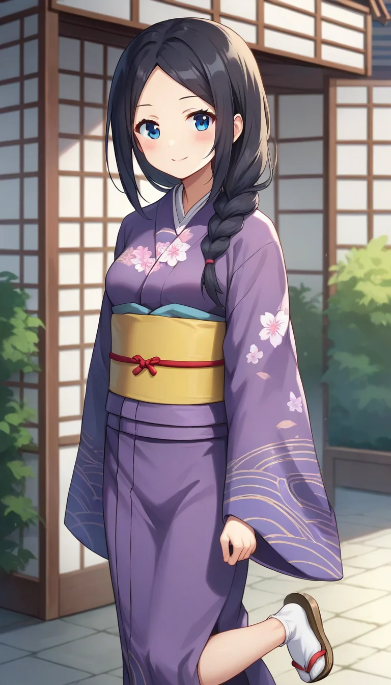 score_9,score_8_up,masterpiece,best quality,correct anatomy,anime_source,1girl,solo,alone,perfect eyes,perfect arms,perfect legs,perfect face,outdoors,upper body,(portrait:1.5),looking at viewer,facing viewer,smile,blush,Miki Tachibana,long hair,black hair,single braid,hair over shoulder,hair between eyes,parted bangs,forehead,blue eyes,japanese clothes,purple kimono,print kimono,yellow obi,sash,wide sleeves,long sleeves,medium breasts,white socks,clog sandals,<lora:Miki Tachibana(huc)-Pony:0.8>,