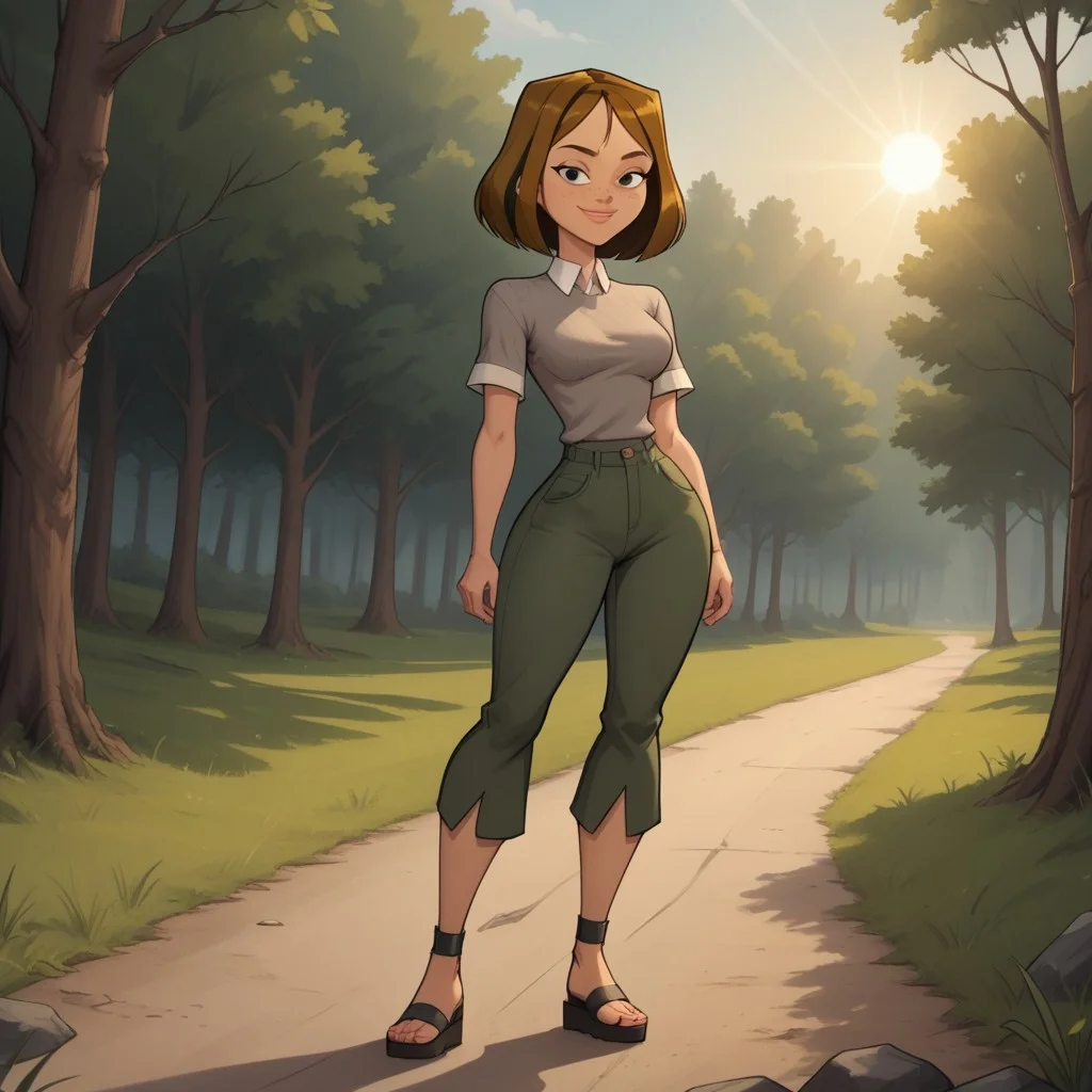score_9, score_8, BREAK, solo, brown hair, black eyes, lips, collared shirt, grey sweater, short sleeves, green pants, dark skin, sandals, freckles, breasts, Total Drama, Courtney_(Total_Drama), sexy pose, smile, outdoors, sunlight, shadows, evening lighting, natural lighting, forest, trees, grass, orange sky, sunset