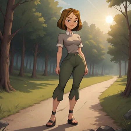 score_9, score_8, BREAK, solo, brown hair, black eyes, lips, collared shirt, grey sweater, short sleeves, green pants, dark skin, sandals, freckles, breasts, Total Drama, Courtney_(Total_Drama), sexy pose, smile, outdoors, sunlight, shadows, evening lighting, natural lighting, forest, trees, grass, orange sky, sunset