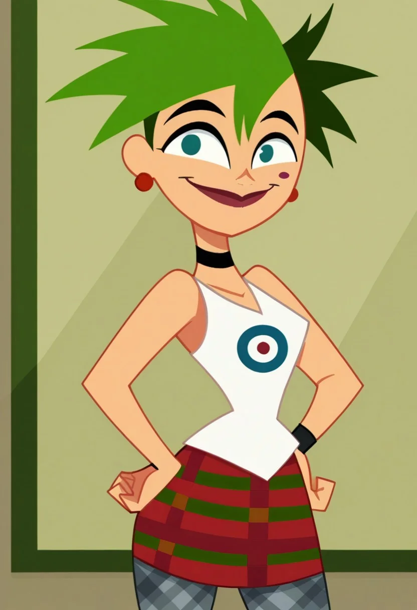 score_9, 1girl, solo, tuesday x, green hair, earrings, chocker, wristband, white tank top, red plaid skirt, grey plaid pantyhose, looking at viewer, smile, thick lips, (((closed mouth)), cowboy shot