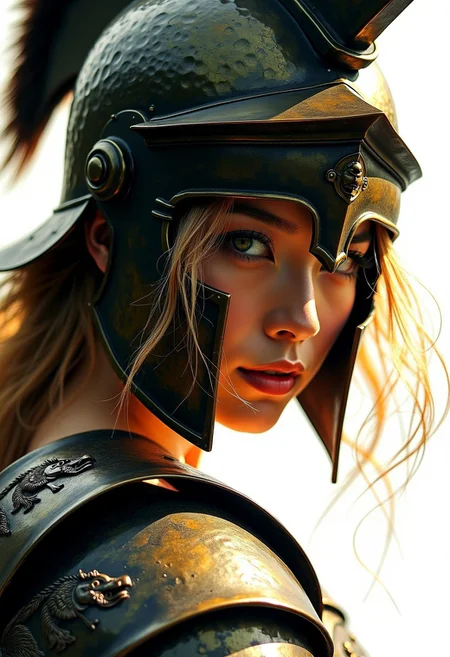An extreme close-up silhouette portrait of the eyes of a stunning Japanese woman, bathed in dramatic chiaroscuro. She faces directly forward, intense green eyes focused through the narrow eye slits of a polished Bronze Age Greek full-face helmet. Wisps of sun-kissed blonde hair spill from beneath the helm, loose and windswept, contrasting sharply with the structured silhouette. Her armor gleams with aged patina—hammered bronze shoulder plates, embossed with mythic beasts. The background is stark white, enhancing the ink’s explosive texture. Lighting is high-contrast, with deep blacks and white-hot highlights evoking a Sumi-e painting fused with contemporary ink illustration.