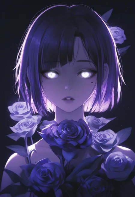 score_9, score_8_up, score_7_up, score_6_up, YXNGH, 1girl, flower, mole, solo, portrait, rose, glowing, mole under eye, parted lips, looking at viewer, simple background, black background, purple theme, glowing eyes, white eyes, short hair