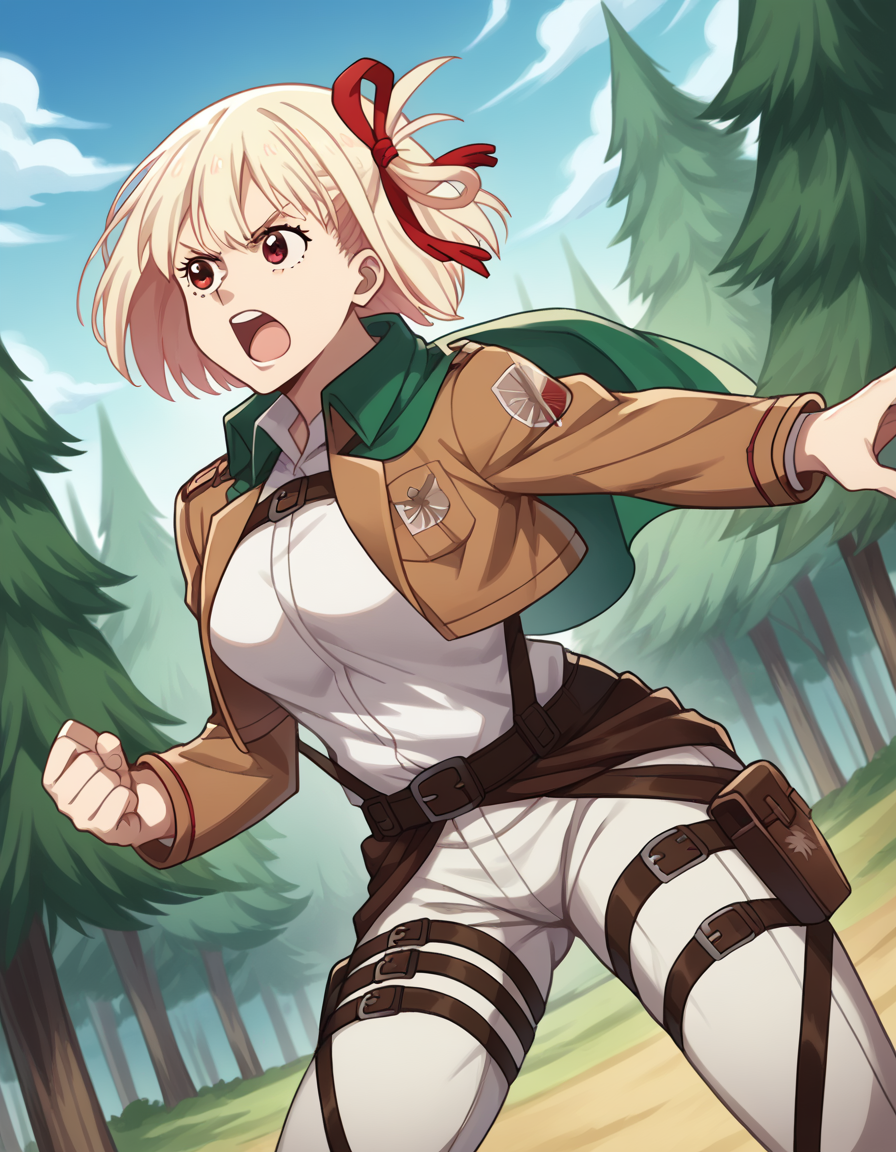 score_9, score_8_up, score_7_up, source_anime, chisatonishikigi, <lora:chisato-nishikigi-s1-ponyxl-lora-nochekaiser:1>, chisato nishikigi, short hair, bangs, blonde hair, red eyes, hair ribbon, one side up, bob cut, large breasts,, <lora:paradis-military-uniform-ponyxl-lora-nochekaiser:1>, paradis military uniform, belt, cloack, cropped jacket, emblem, green cloak, jacket, long sleeves, pants, shirt, thigh strap, uniform, white pants, white shirt,, outdoors, forest, nature, fighting stance, open mouth, floating, flying,, cowboy shot, dutch angle, solo,