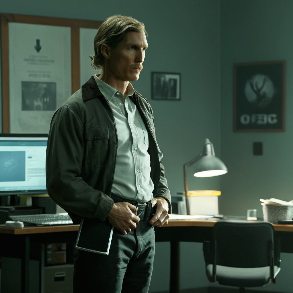 concept art of cinematic film still of  <lora:add-detail-xl:1>0
<lora:detailed:0.3>
<lora:perfection style:0.3>
<lora:xl_more_art-full_v1:0.3>
 <lora:true detective style:1>
Rust Cohle a man standing in a room with a desk and chair,solo,shirt,1boy,jacket,male focus,indoors,hand on hip,facial hair,chair,desk,paper,computer,monitor,office chair , sharp, detailed, epic photography, artistic, dramatic light, cinematic style, film style, 
true detective style, digital artwork, illustrative, painterly, matte painting, highly detailed