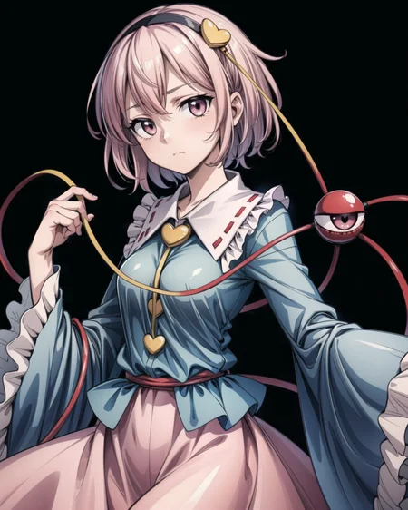 <lora:touhou_komeiji-10:1.0>, cowboy shot, solo, 1girl, komeiji satori, third eye, expressionless, closed mouth, looking at viewer, hairband, shirt, frilled shirt collar, frilled sleeves, wide sleeves, pink skirt, <lora:add_detail:1>, masterpiece, best quality,