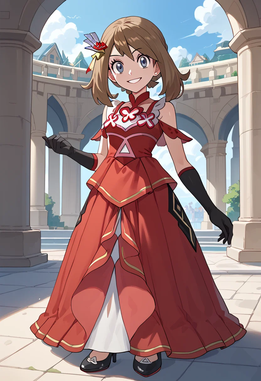 Leaning on an invisible countertop, looking at viewer, smile, <lora:MayORASPony:1> May_Ani, medium hair, brown hair, blue eyes, hair ornament, red dress, sleeveless dress, black gloves, elbow gloves, black footwear, high heels,, score_9, score_8_up, score_7_up, score_6_up, score_5_up, score_4_up,