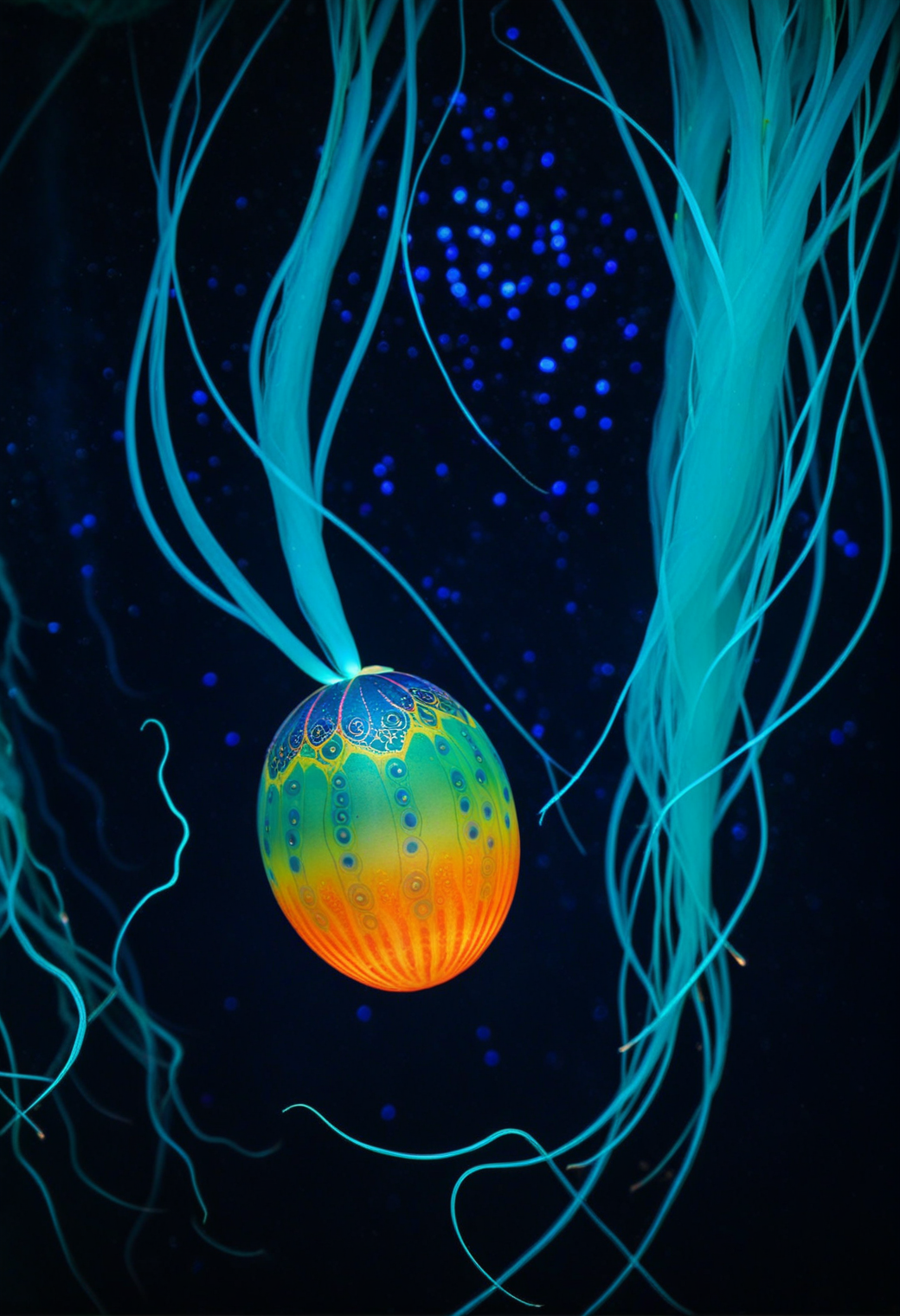 <lora:Sysdeep_EasterEgg:1>, sysdeep_easteregg, glowing jellyfish-style easter egg floating underwater, tentacles made of painted silk, dark abyss background, bioluminescent glow