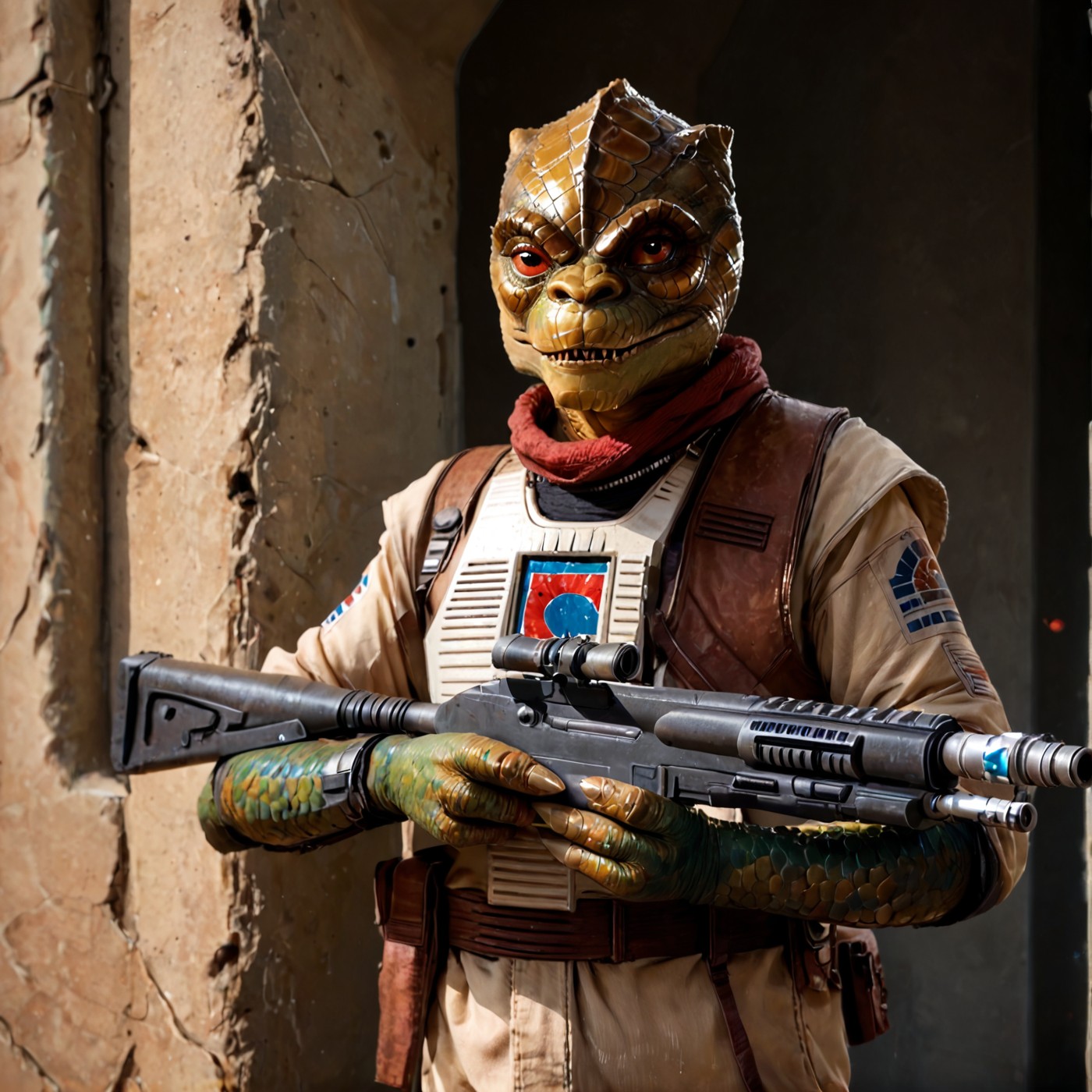 score_9,score_8,score_7,source_furry,
<solo:1.5>,
 trandoshan, trandoshan _starwars, alien,
trandoshan_starwars, trandoshan, alien, trandoshan _starwars, weapon, 1boy, gun, solo, male focus, holding weapon, aiming, holding gun, alien, red eyes, holding,
 <lora:Trandoshan_Star_Wars_V2:1> trandoshan_starwars,