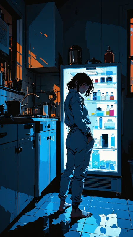 High-quality semi-realistic anime illustration with ultra-detailed rendering, smooth blended shading, fully realistic background. A young woman stands barefoot in a dimly lit kitchen at night, the soft glow of the open refrigerator casting a cool blue light across her face and silhouette. The quiet hum of the appliance fills the air, her expression playful yet slightly guilty, as if caught mid-act.
Her long, tousled dark brown hair falls naturally over her shoulders, strands sticking up slightly from sleep. Her deep, sleepy eyes blink as she enjoys the taste, her lips forming a subtle, satisfied smile. A form-fitting light blue onesie, giving her a relaxed and cozy look.
The background is a fully realistic modern kitchen, with faint reflections of the cityâs streetlights filtering through the window. The countertops are cluttered with a few stray utensils and a half-empty glass of milk. Inside the fridge, soft neon hues from soda cans and snack wrappers contrast with the cold whites of milk cartons and plastic containers. Shadows stretch across the tiled floor, adding depth to the late-night atmosphere.
The cool tones of the refrigeratorâs glow blend with the deep warm shadows of the darkened kitchen, creating a moody, intimate ambiance. The scene captures a quiet, relatable moment of indulgence, blending realism with soft, expressive lighting to enhance the cozy yet mischievous mood. <lora:Niji_anime_style_flux:1.0> <lora:Anime_Art_V3:0.8> <lora:RM_Illustrify_v1.0M:0.7000000000000001>