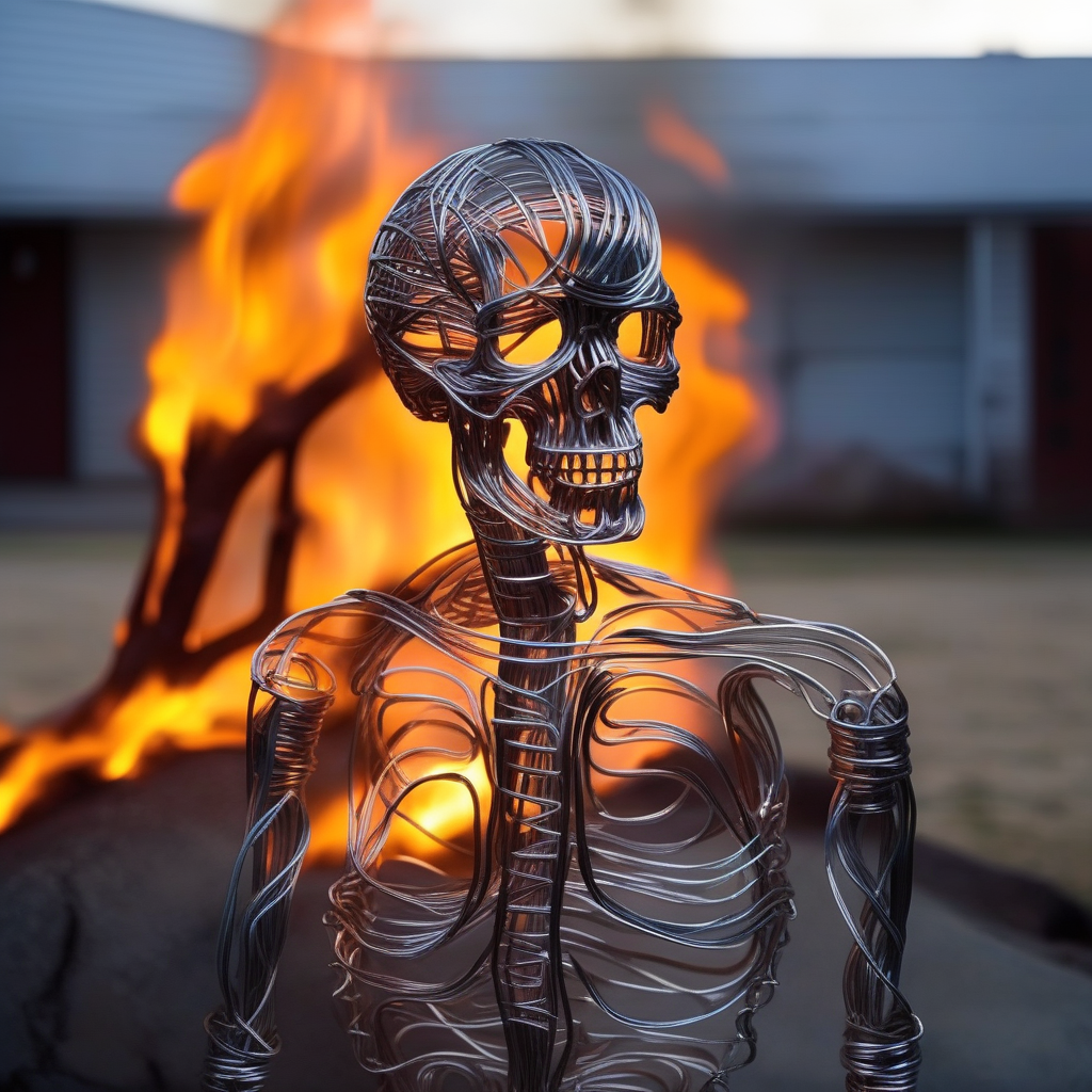 wirex wire sculpture a human skull, a post-apocalyptic landscape in the background, burning houses, destroyed cars, darkness, flames <lora:wirex:0.8>