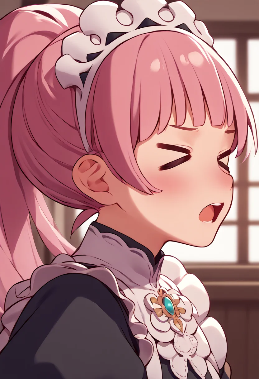 score_9, score_8_up, score_7_up, source_anime, 1girl, > <, closed eyes, <lora:Excitement_Expression_XLPD:1.8>, <lora:felicia-fe-richy-v1_xl:0.8> feliciadef, pink hair, ponytail, maid headdress, chibi, awooo, upper body, indoors, open mouth, from side, portrait,
