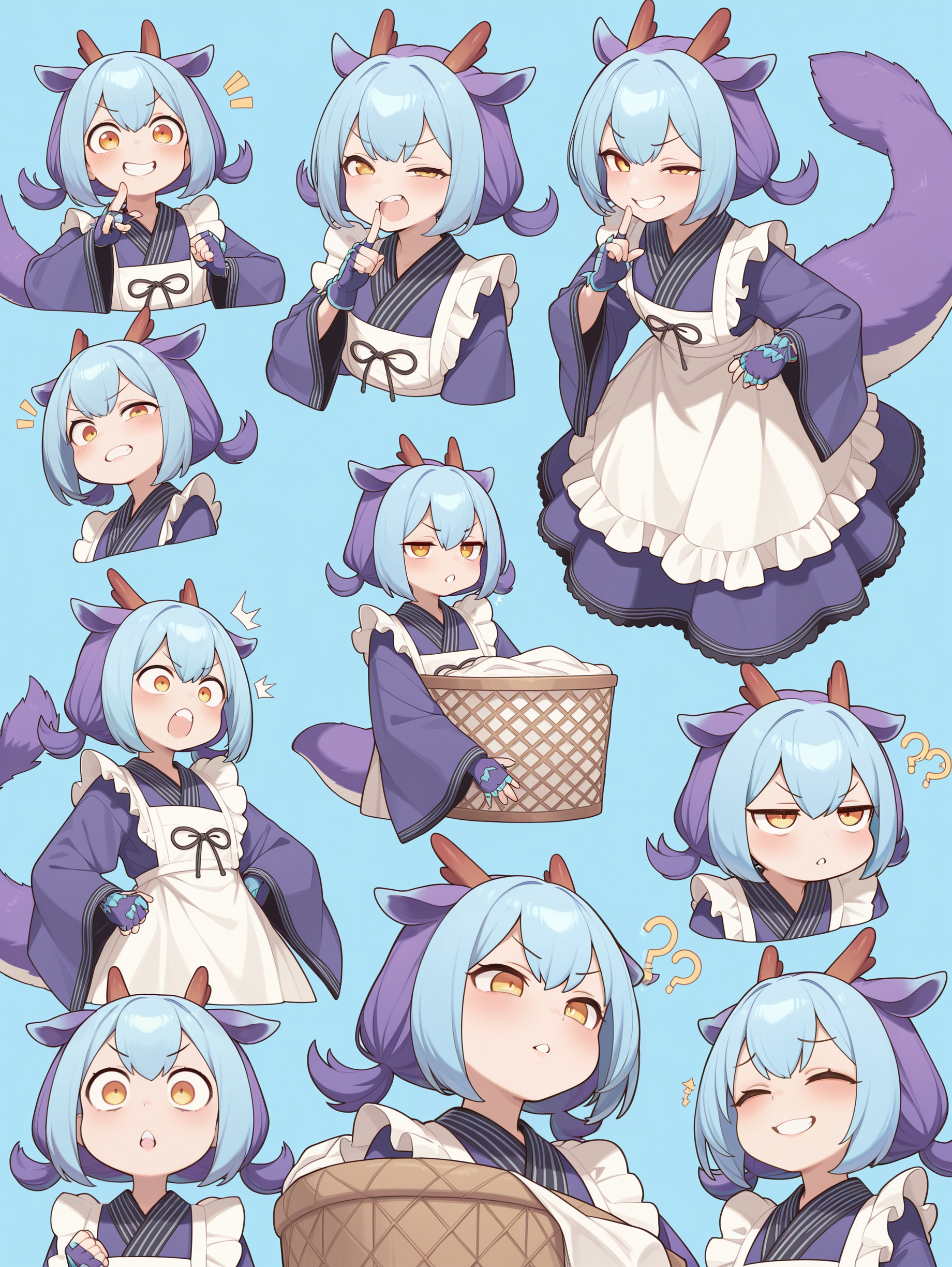 dragon girl,laundry dragonmaid,1girl,blue maid outfit,blue fingerless gloves,multiple views,blue background,v-shaped eyebrows,open mouth,??,^^^,clenched teeth,:o,evil smile,smug,o_o,half-closed eye,finger to mouth,clenched hand,:<,:),|_|,@_@,^_^,+_+,=_=, laundry basket, 
masterpiece,best quality,amazing quality,very aesthetic,apussbsurdres,newest,<lora:laundry dragonmaid & eldlich the golden lord illuXL v1:0.75>,