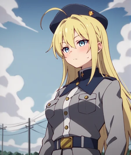 score_9, score_8_up, score_7_up, score_6_up, score_5_up, score_4_up, BREAK source_anime,
<lora:Pisara_PONY:1>,pisara, 1girl, solo, blonde hair, long hair, blue eyes,ahoge, military uniform, hat,