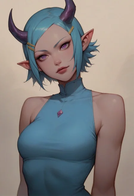 score_9, score_8_up, score_7_up, score_6_up, demon, horns, crystal skin, large breasts, round breasts,
source_anime, eureka seven, eureka, pale blue hair, short hair, purple eyes, hair clip, small breasts,