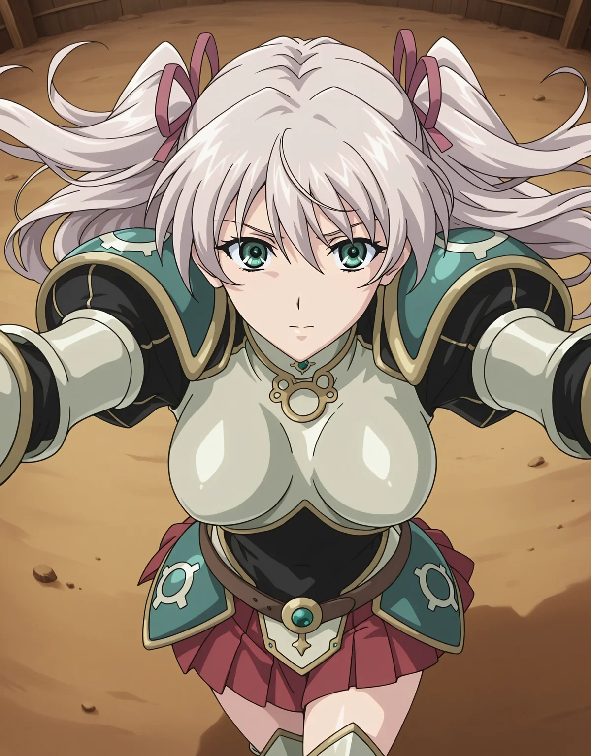 masterpiece,best quality,very aesthetic,zPDXL,2023,anime style,
BREAK <lora:suvia_v5-000018:0.8>,suviav5,1girl,solo,long hair,ribbon,hair ribbon,green eyes,two side up,breasts,twintails,medium breasts,grey hair,(a domineering girl:1.3),skinny,standing,(armor:1.1),(shoulder armor:1.1),pauldrons,belt,(breastplate:1.1),gauntlets,shoulder pads,red skirt,pleated skirt,(thigh armor:1.2),(dynamic_angle:0.8),(dynamic_pose:0.8),(close-up:0.8),(macro_shot:0.8),looking at viewer,(pov:0.7),