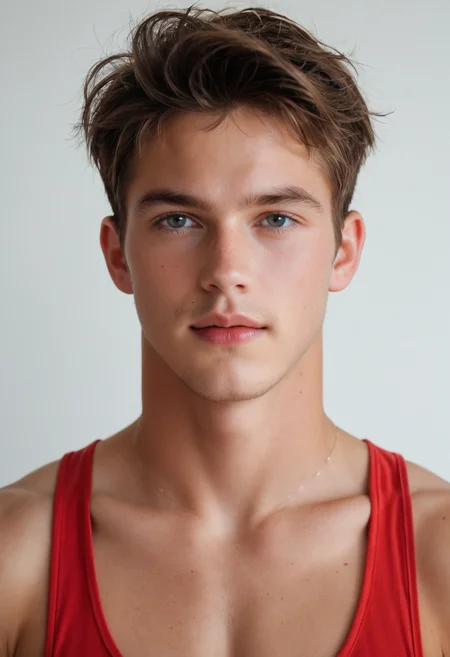 score_9, score_8_up, score_7_up, photo, photorealistic, portrait photo, <lora:fratbrat_ryan_pony_really_epoch_5:1> 1boy, fb_ryan wearing a red tank-top shirt, white background