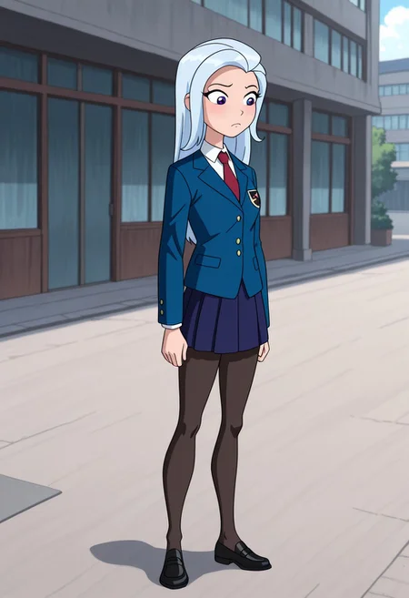 masterpiece,best quality,amazing quality, source_anime, full body shot, 1girl, solo, TrixieHuman, school uniform, shirt, white shirt, collared shirt, necktie, red necktie, jacket, blazer, blue jacket, long sleeves, skirt, dark blue skirt, pantyhose, black pantyhose, shoes, black footwear, standing, outdoors,