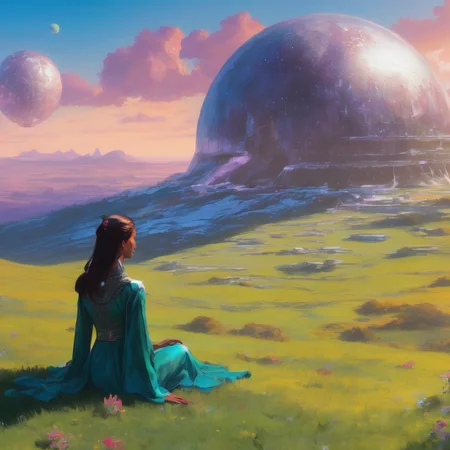 Retro-futuristic landscape, woman relaxing on a grassy hilltop near a spaceport, sitting or reclining with a peaceful expression, looking up at the sky, a massive ringed planet looming above in the soft, pastel-hued sky, its rings casting subtle shadows over the landscape, the spaceport in the distance, sleek and streamlined with retro-futuristic architecture, shimmering with metallic surfaces, soft light from the planet reflecting on her skin, the hilltop surrounded by lush, alien plant life, glowing flowers and greenery swaying gently in the breeze, high-contrast, vibrant colors, with a dreamy, surreal atmosphere