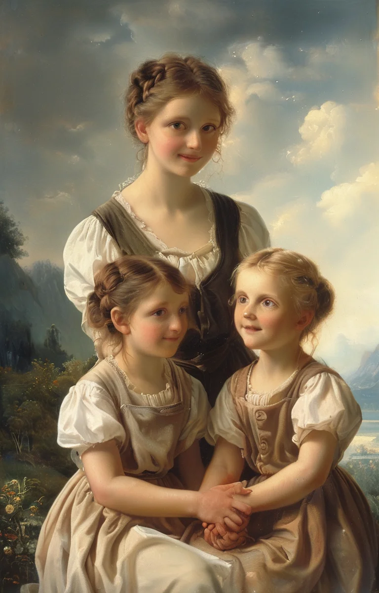 masterpiece,best quality,<lora:tbh240-sdxl:0.9>,illustration,style of Fritz Zuber-Buhler, portrait of family