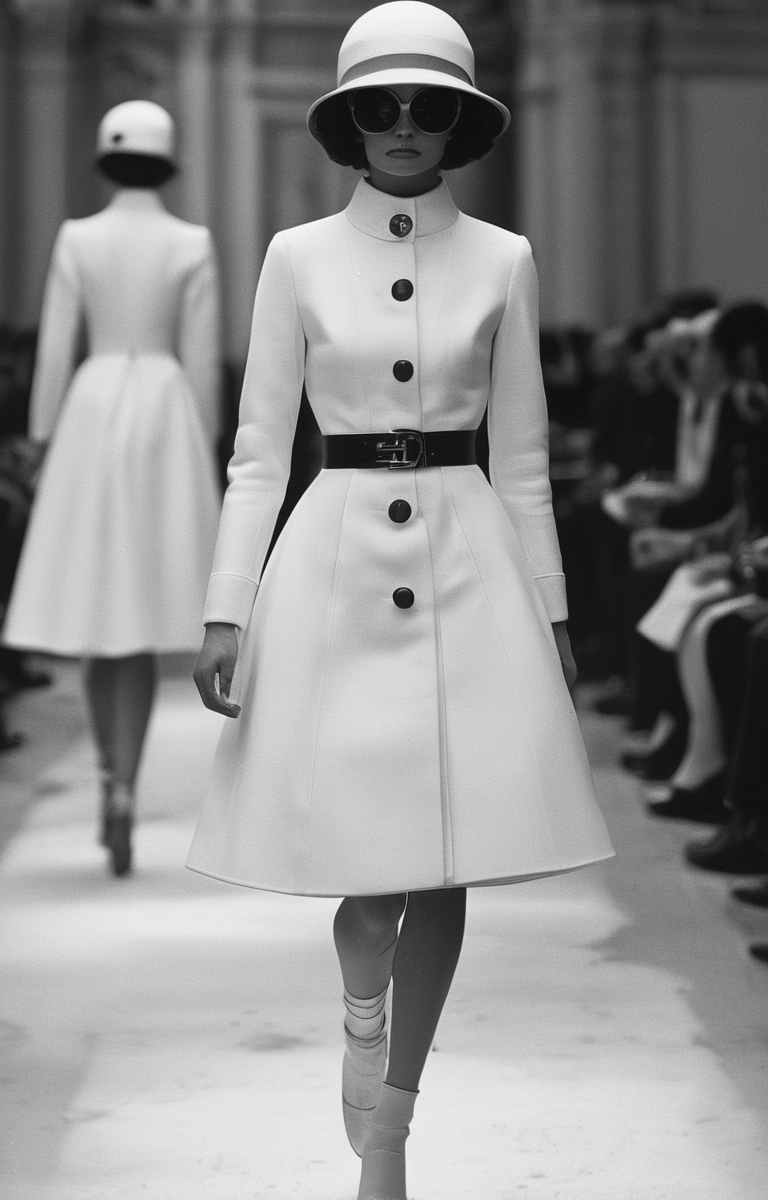 masterpiece,best quality,<lora:tbh321-sdxl:0.9>,illustration,style of Andre Courreges Dior's iconic 'New Look' silhouette, cinched waist, full skirt, 1950s glamour, Paris fashion week