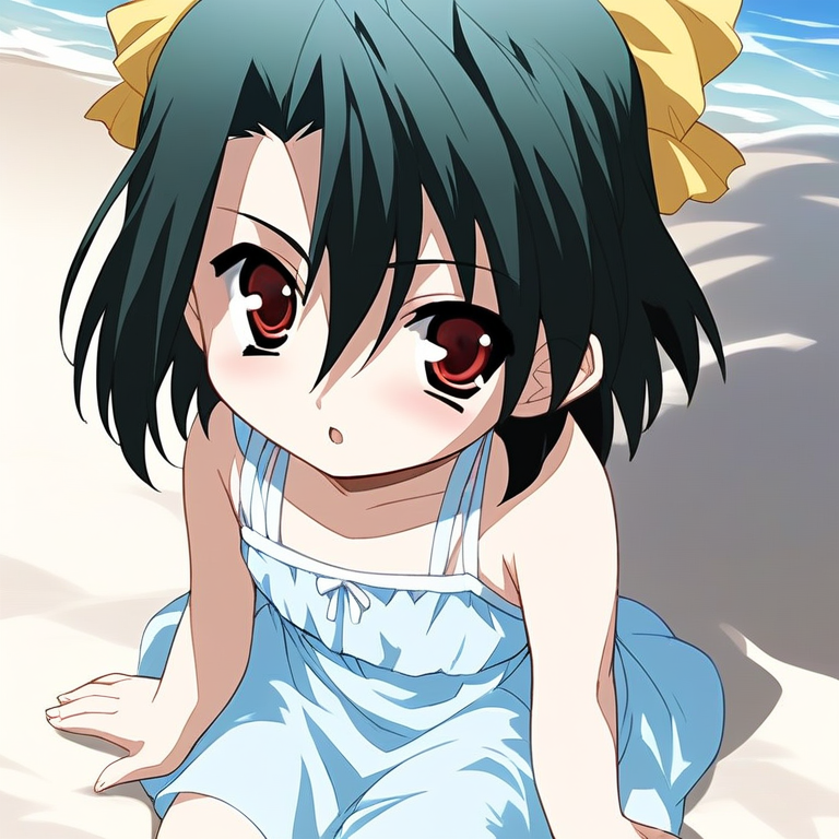 score_9, score_8_up, score_7_up, source_anime, rating_explicit, BREAK  <lora:Kiyoura_Setsuna_XL:1> Kiyoura_Setsuna, black hair,  green hair, short hair, red eyes, Yellow bow, hair ribbon, flat chest,hair between eyes, bangs,
1girl, sitting, dress, solo, chibi, bow, blush, looking at viewer, light blue dress, open mouth,
outdoor, beach, summer,
