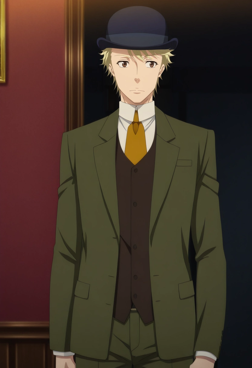 masterpiece, best quality, anime screencap, official style, anime coloring, cowboy shot, 1boy, solo, male focus, <lora:john_h_watson_ilxl:0.94>, john_h_watson, blonde hair, brown eyes, short hair, hat, formal, necktie, suit, ,