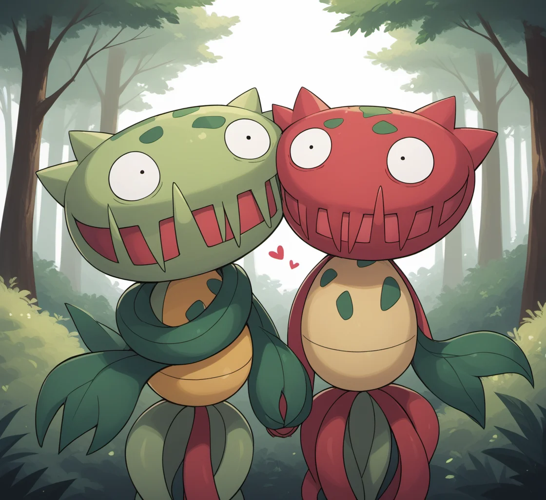 score_9, score_8_up, score_7_up, high res, absurd res, digital media (artwork), source_furry, outline, hearts around head, duo, looking at partner, eye contact, holding hands, ambiguous gender, forest background, <lora:lowres_concept_ponyXL_v1:-0.3> <lora:Carnivine:0.8> carnivine, flora fauna, flesh fang, big head, big mouth, leaf arms, tendrils, green fangs, multicolored body, green spots, simple eyes, feral