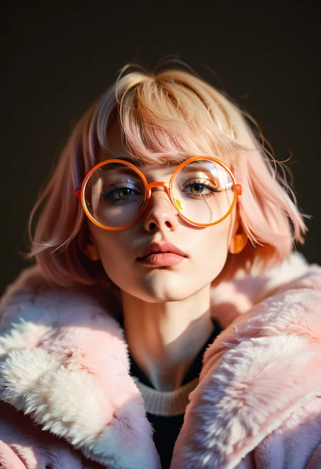 (((score_9), score_8_up), score_7_up), 1girl, 20 year old girl,<lora:RSWMN-PN:0.8>, face focus, short hair, blonde hair,pink hair, short hair, bob cut, asymetric bangs, round glasses, orange glasses, pink fur coat, small breasts, looking at viewer, indirect light, sharp, hyperdetailed:1.15   <lora:lighting Slider_alpha1.0_rank4_noxattn_last:-1.8>