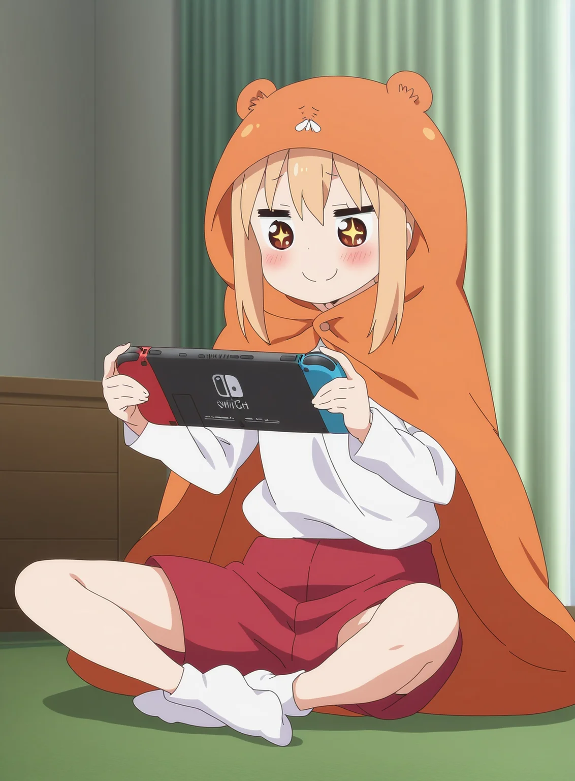 (masterpiece), (best quality), (intricate details, very aesthetic), absurdres, highres, cinematic light, 1girl, <lora:anime_screencap:1> anime screencap, anime coloring, doma umaru, himouto! umaru-chan, orange cape, animal hood, white shirt, long sleeves, red shorts, sparkling eyes, nintendo switch, butterfly sitting, room, indoors, green curtains, smile,