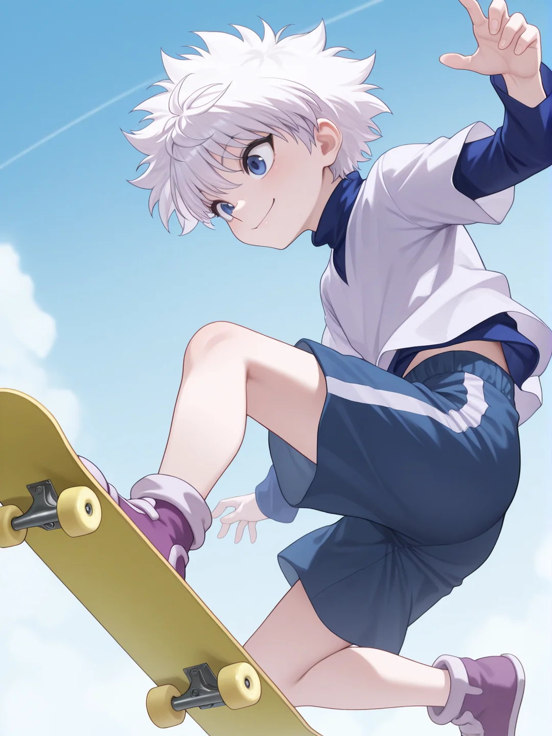 masterpiece, best quality, amazing quality, 1boy, solo,  <lora:IlluKillua:1> illukillua, white hair, blue eyes,  blue shorts, turtleneck, short over long sleeves, shoes, yellow skateboard, skateboarding, smile, midair, midriff peek,