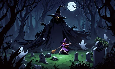 isometric landscape, a witch fighting ghosts in dark forest, dark mood, fantasy, graveyard,best quality, masterpiece, <lora:supgiantisosdxl:0.8>, painted, supgiantisosdxl, large landscape, dark, cartoon