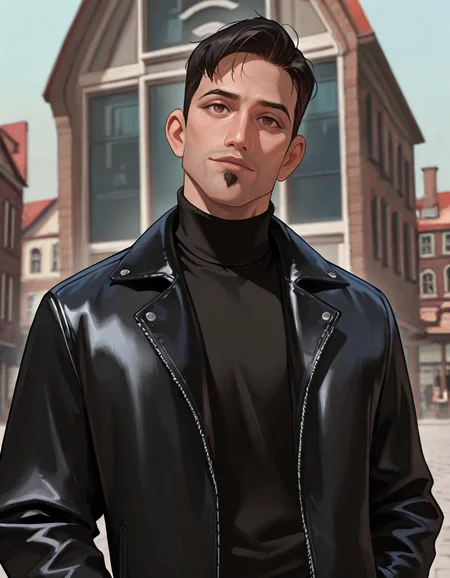 masterpiece, best quality, absurdres, newest, perfect quality, best quality, male focus, solo, realistic, <lora:The Iron Giant - Dean McCoppin - Illustrious:0.7>, dmccoppin, 1boy, black hair, short hair, stubble, goatee, brown eyes, head tilt, looking at viewer, contrapposto, black turtleneck, outdoors, town, buildings, shops, black jacket, portrait