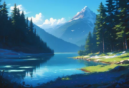 masterpiece,best quality, highly detailed, score_9, score_8_up, score_7_up, score_6_up, source_cartoon, (landscape view, from side:1.1)
 BREAK
(Forest scenery, lake on background:1.2)
 BREAK
(Birds flying, grains blowing on the wind, peaceful environment ),
 BREAK 
Day time, Vibrant colors, soft focus, high contrast, textured surfaces, depth of field, dramatic shadows, rich details, nature-inspired color palette,