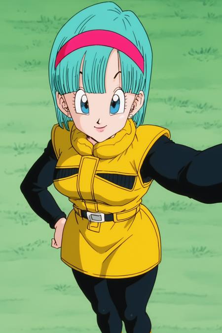 source_anime, score_9, score_8_up, score_7_up, anime screencap,
bulma, namek saga, 1girl, solo, breasts, looking at viewer, smile, short hair, blue eyes, yellow jacket, yellow skirt, pantyhose, belt, black pantyhose, aqua hair, selfie, from above, smile, happy, fringe trim, red hairband, 
 <lora:bulma_Z_pony_v1:0.8>