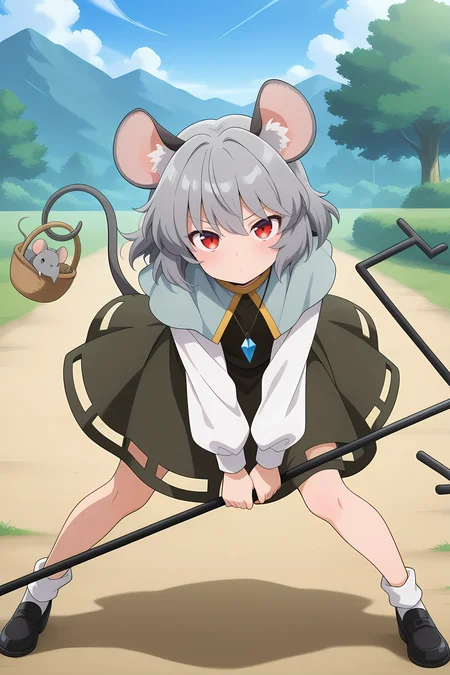 absurdres, highres, masterpiece, best quality, amazing quality, official anime artwork, screencap, anime screencap, outdoors, looking at viewer, dynamic pose,
<lora:Nazrin_illustrious:1> nazrin, 1girl, solo, red eyes, grey hair, short hair, mouse ears, mouse tail,, pendant, grey capelet, brown dress, long sleeves, white sleeves, white socks, black footwear, dowsing rod, basket, mouse,