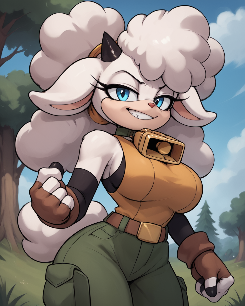 score_9, score_8_up, score_7_up, score_6_up, score_5_up, score_4_up, source_furry, furry, anthro, <lora:Lanolin_V1-000030:0.85> lanolin, sheep, white fur, blue eyes, yellow shirt, sleeveless shirt, green pants, brown gloves, big breasts, cowbell collar, smirk, happy, fist, outside, forest, low-angle view, action pose,