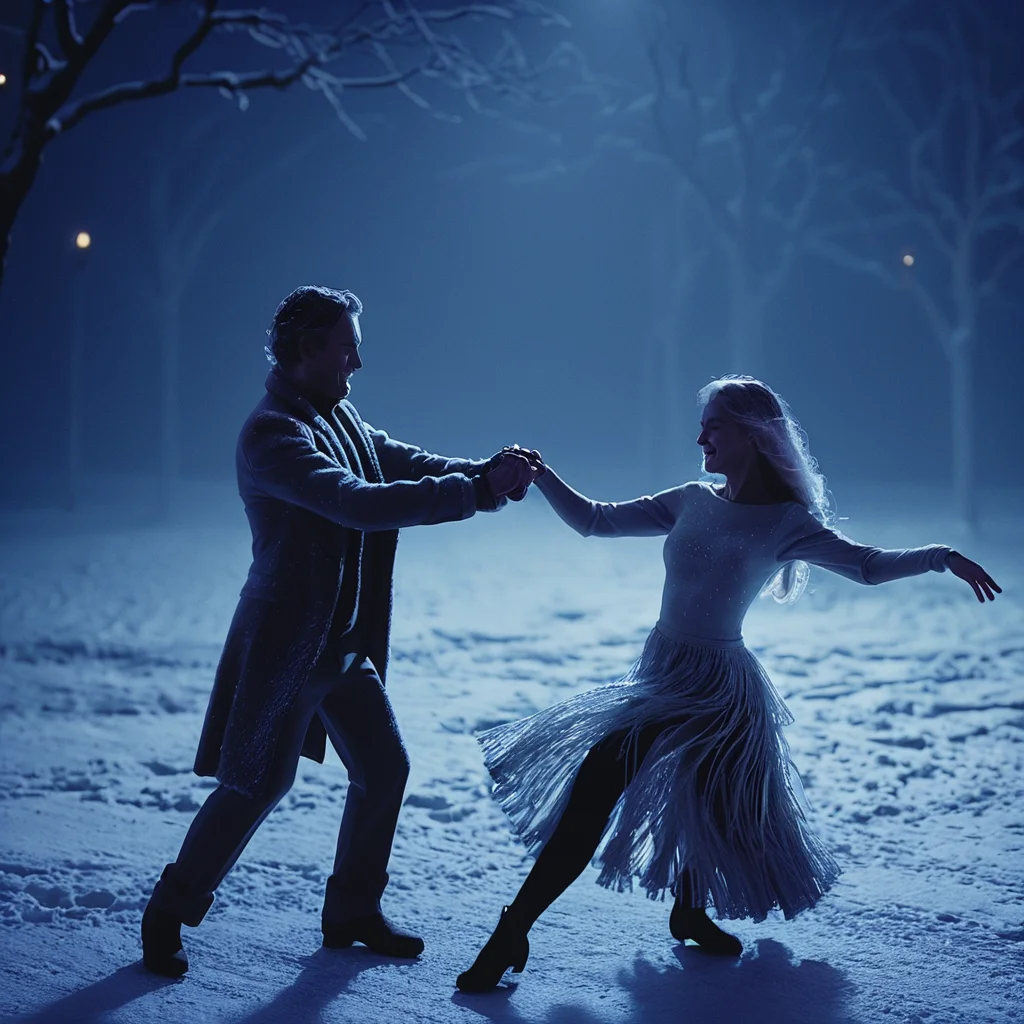midjourneylora, man and woman dancing, winter, dark, night, outside