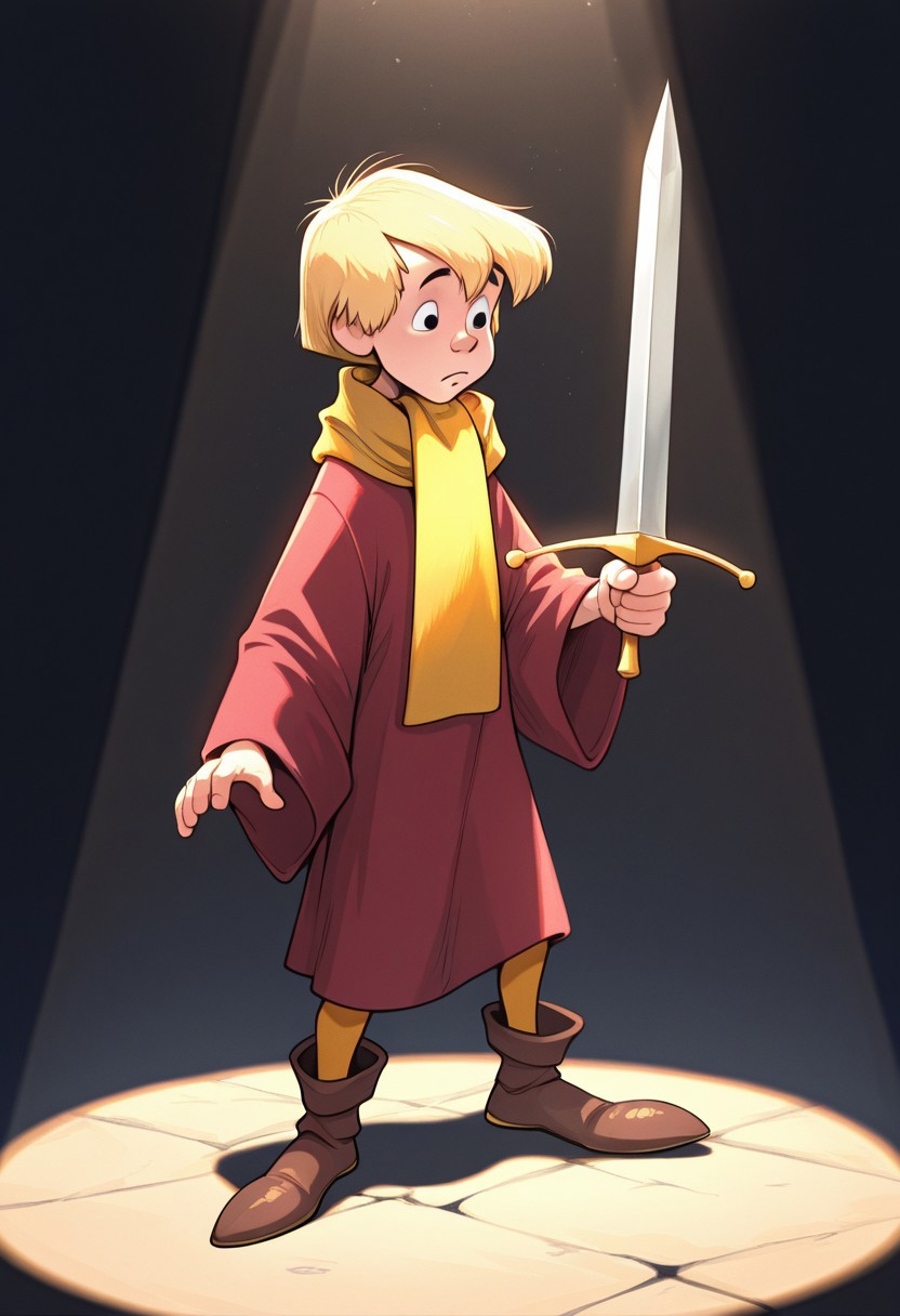 masterpiece, absurdres, high quality, perfect anatomy, 1boy, solo, cute boy, male focus, Arthur, Blonde Hair, Black Eyes, Red Robe, Yellow Scarf, Tan Leggings, Brown Footwear, awed Expression, Sword, Holding Sword, Holding Weapon, Sword in Stone, spotlight, dynamic lighting
