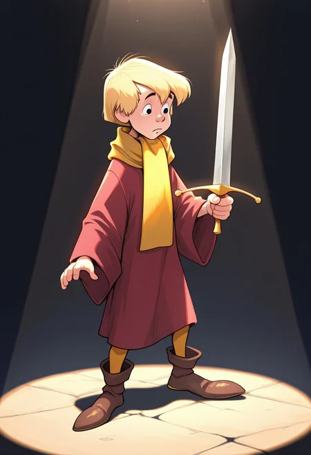 masterpiece, absurdres, high quality, perfect anatomy, 1boy, solo, cute boy, male focus, Arthur, Blonde Hair, Black Eyes, Red Robe, Yellow Scarf, Tan Leggings, Brown Footwear, awed Expression, Sword, Holding Sword, Holding Weapon, Sword in Stone, spotlight, dynamic lighting